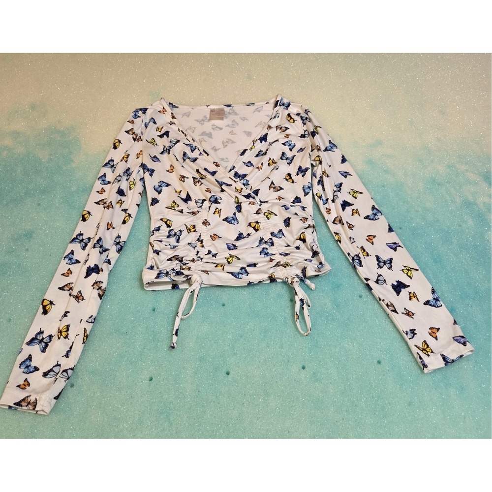 No Boundaries Womens Butterfly Print Ruched Long Sleeve Crop Top White XS 1